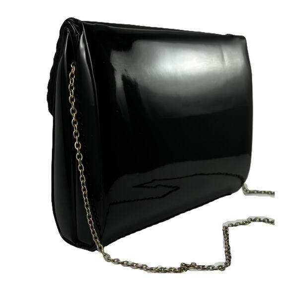 Vintage Midcentury Ande Handbag Black Clutch Purse Patent Leather with Chain - Picture 2 of 16